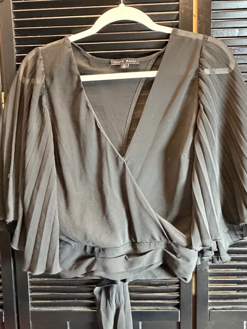Haute Monde Black Pleated Sleeve Wrap Top